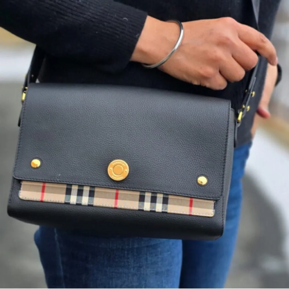 Burberry Archive Black Calf Leather & Check Note Adjustable Crossbody - Picture 1 of 16